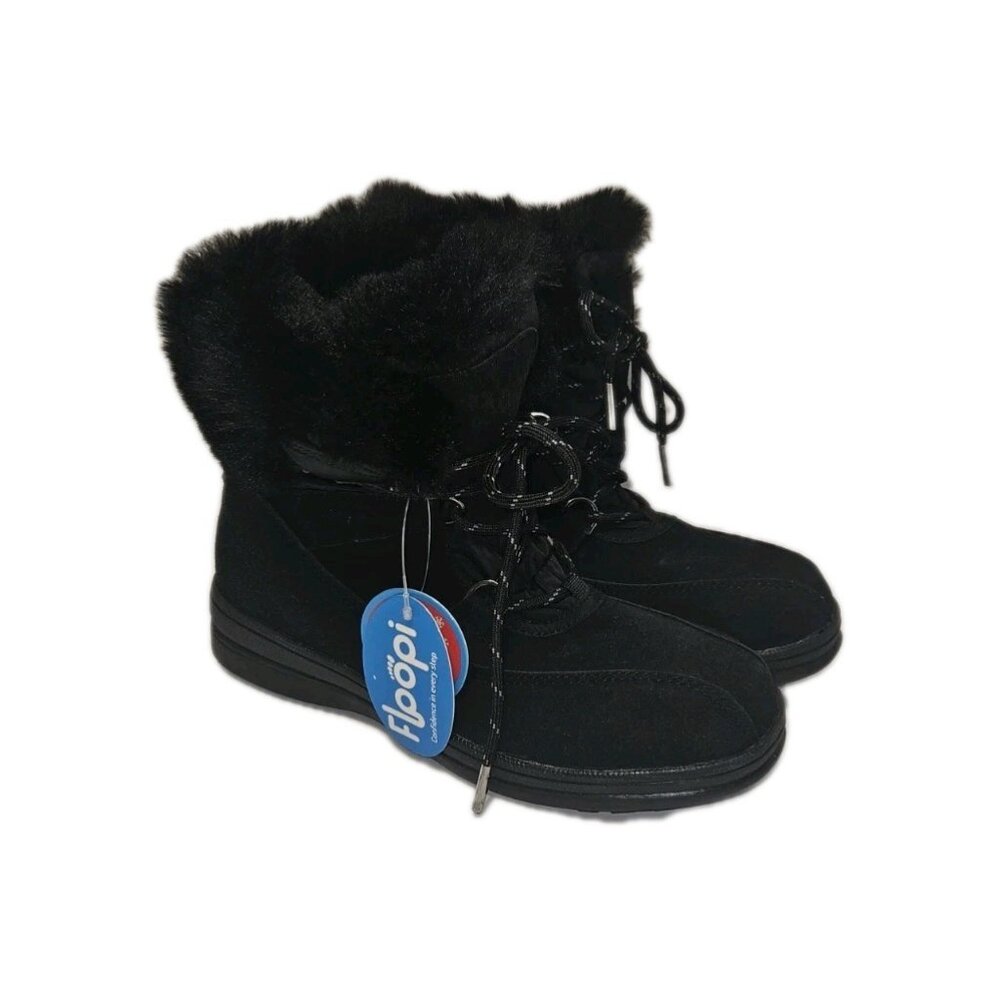 Floopi Size 8 Black Boots Faux Fur Lace-up Winter Shoes Fleece-Lined